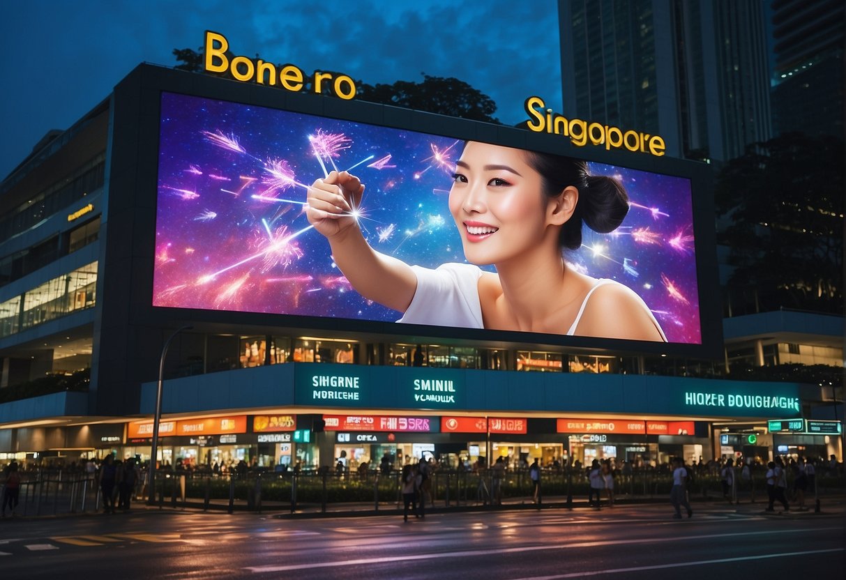 Brightly lit electronic billboards showcase various promotions in the bustling streets of Singapore