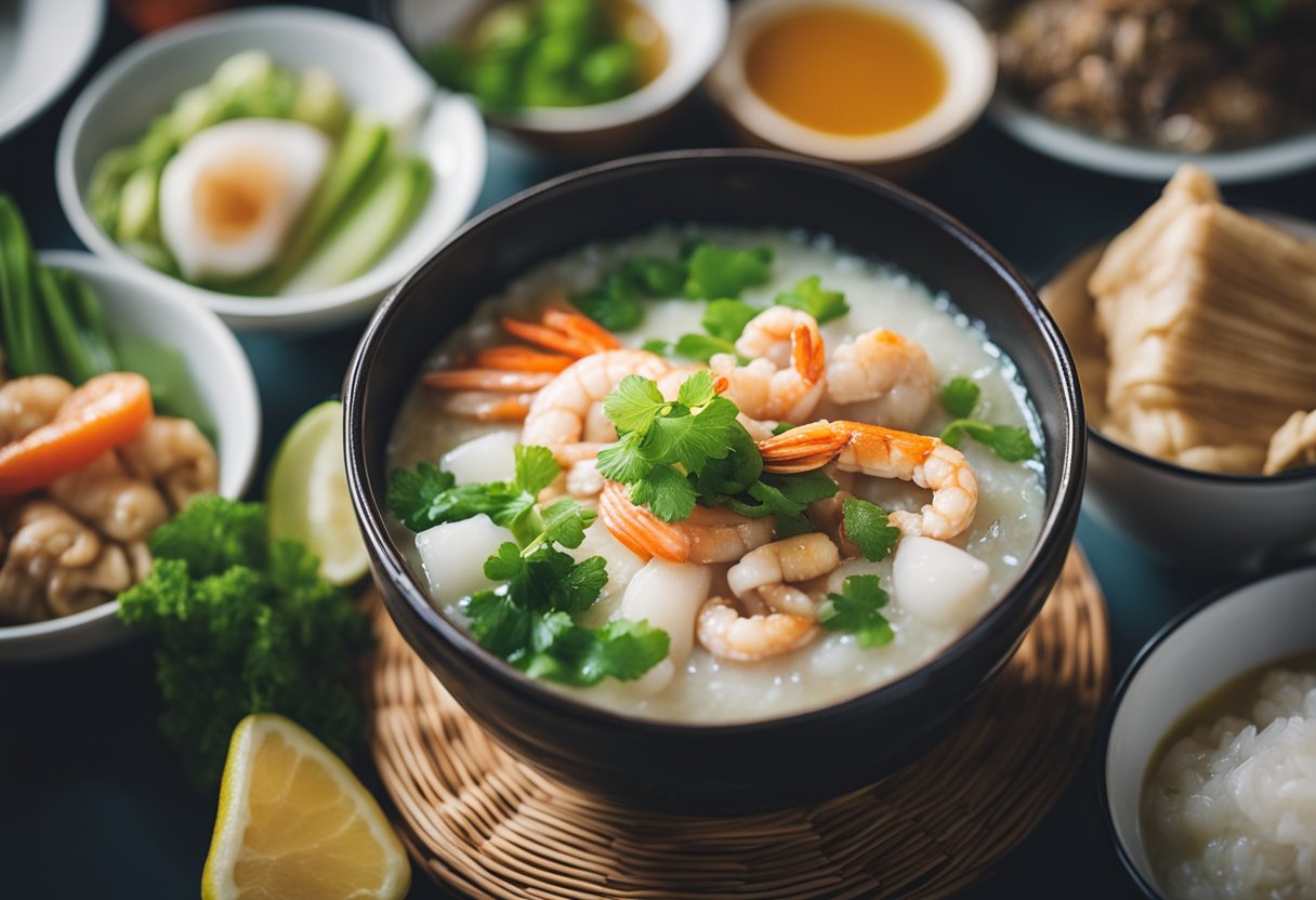 A steaming bowl of Cantonese seafood congee with garnishes on a table in a bustling Singaporean hawker center