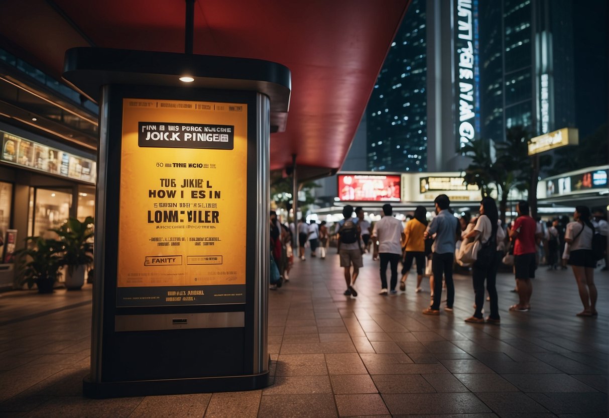 A movie ticket booth in Singapore displays promotional posters and banners, with a queue of eager moviegoers lined up outside