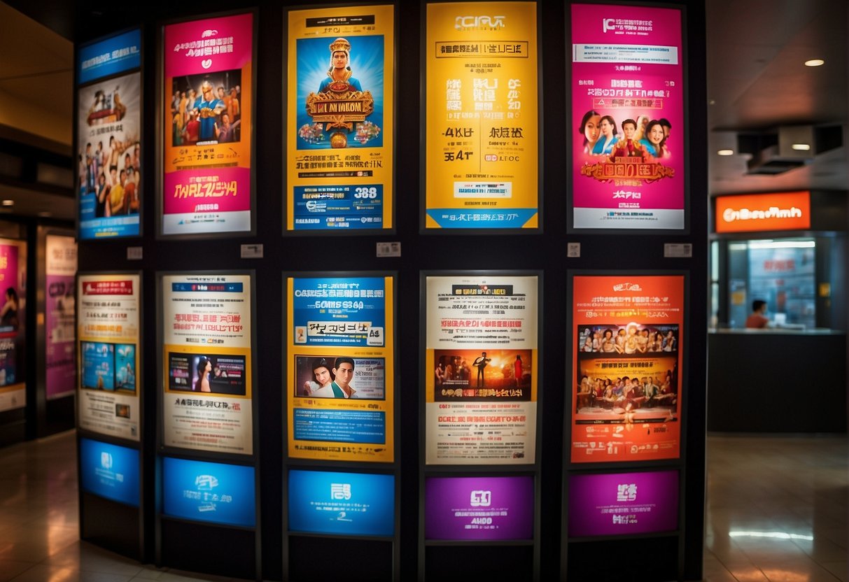 Brightly lit movie ticket promotion posters line the walls of Cathay Cineplexes, showcasing enticing deals for Singaporean moviegoers