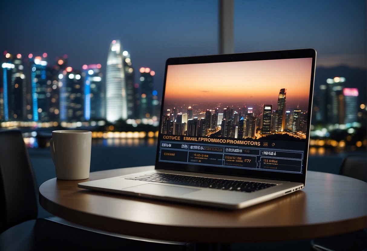 A laptop displaying "Exclusive Email Promotions" with movie tickets and Singapore skyline in the background