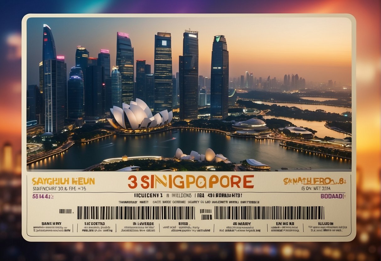 A movie ticket promotion poster with bold text and colorful graphics, featuring the Singapore skyline in the background