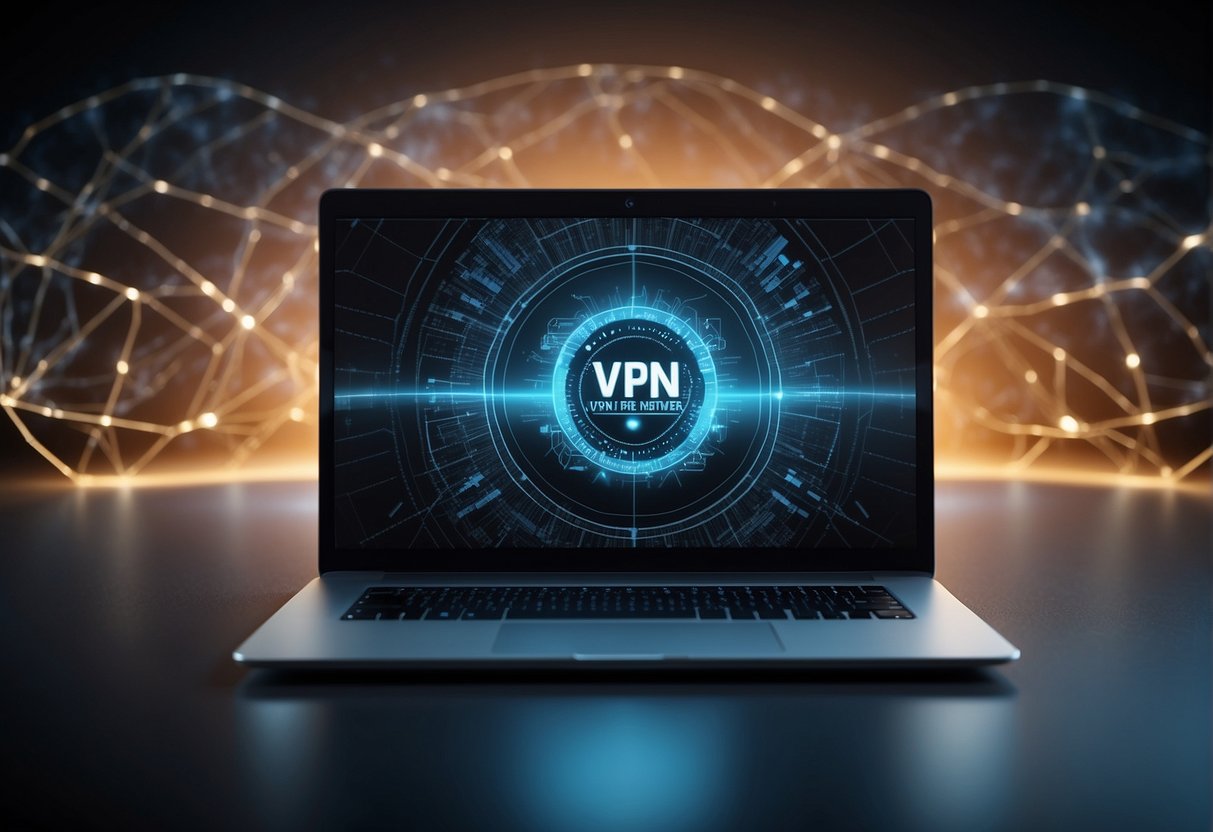 A computer screen displays a virtual private network (VPN) interface with advanced features highlighted, while a secure connection icon glows in the corner