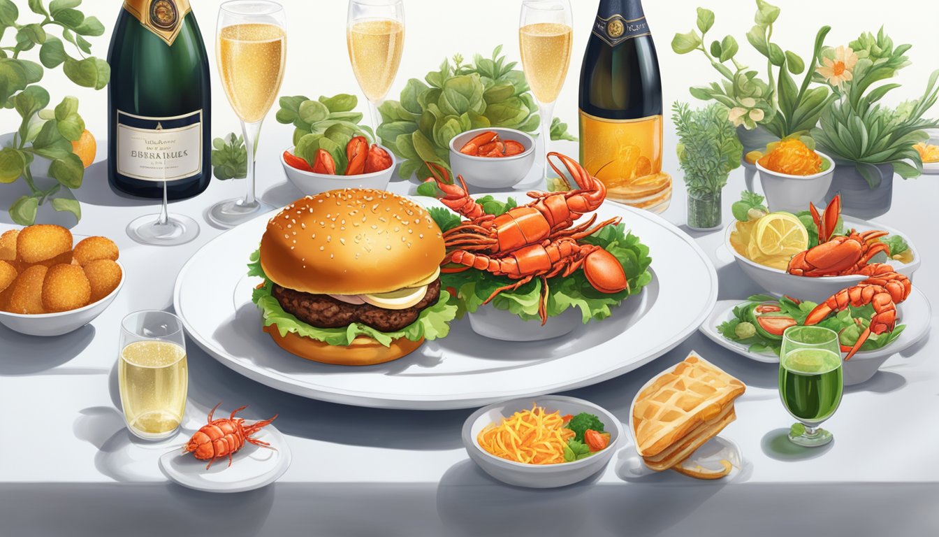 A sizzling burger and succulent lobster on a pristine white plate, surrounded by vibrant sides and a glass of sparkling champagne