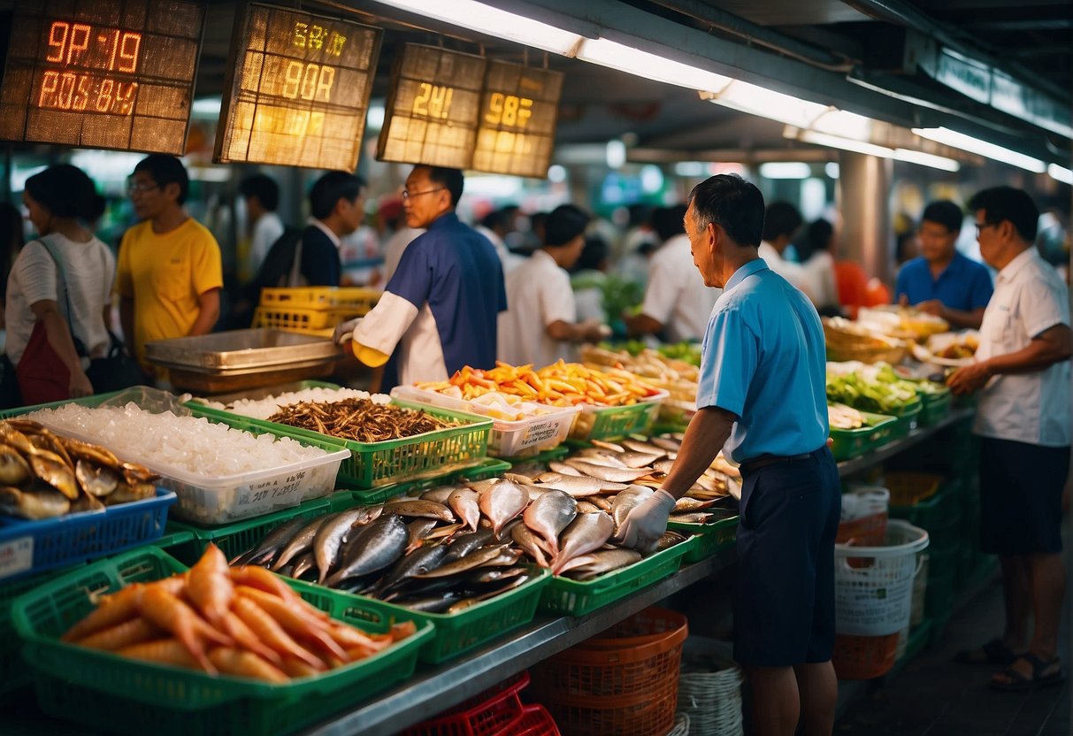 A bustling seafood market in Singapore, with colorful signs promoting fresh catches and special discounts. Customers browse the array of fish, shellfish, and other ocean delights