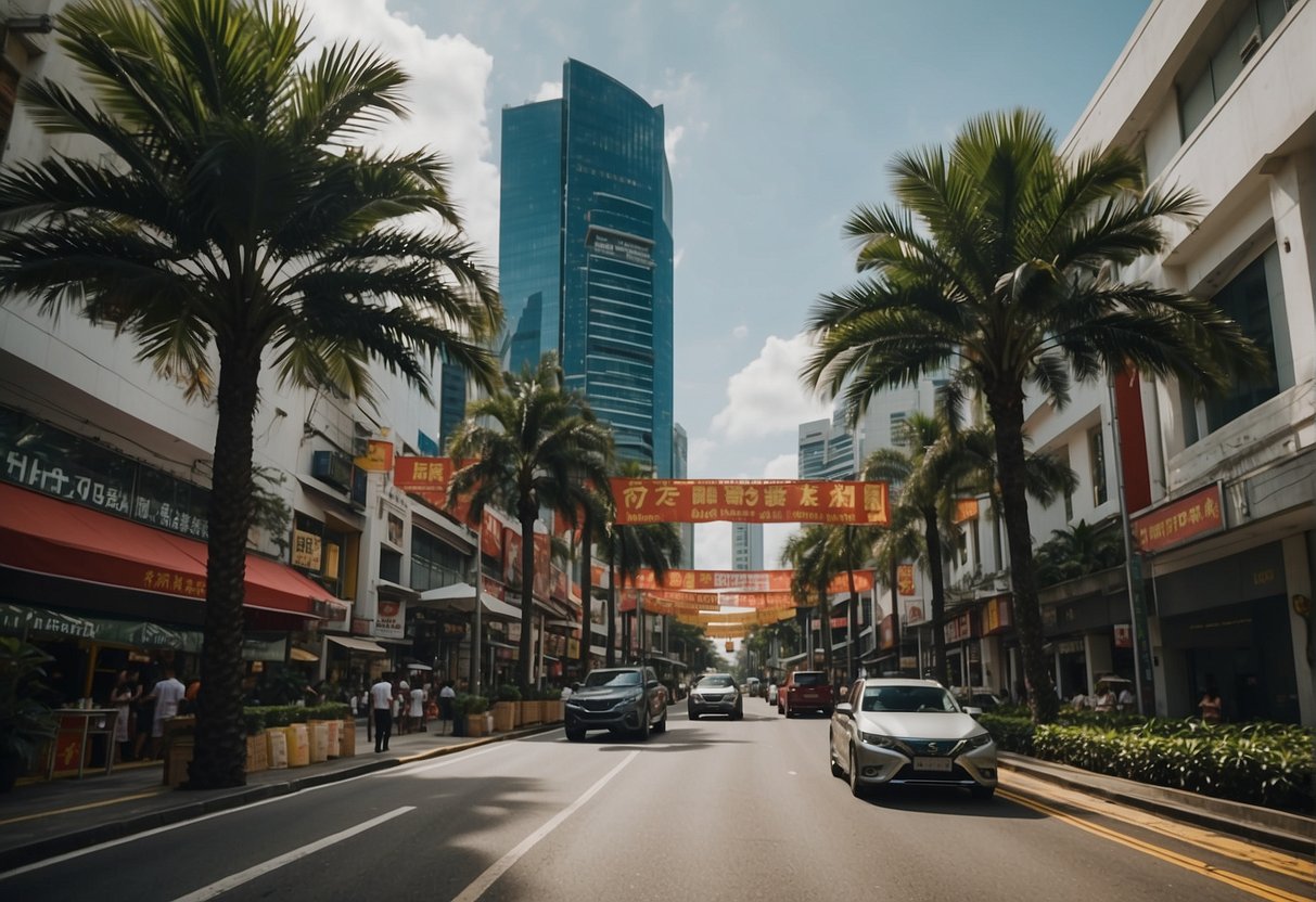 A bustling street in Singapore, with colorful banners and signs for Simmons Promotions. Tall buildings and palm trees line the busy road