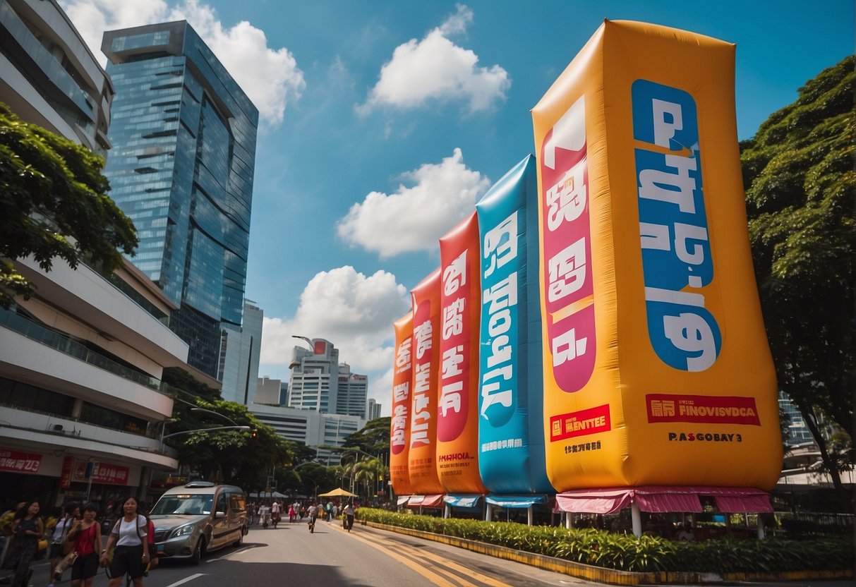 A giant inflatable promotion sign towers over a bustling Singapore street. Bright colors and bold text catch the attention of passersby