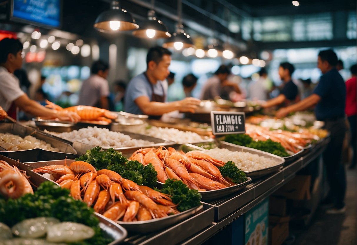 A bustling seafood market in Singapore, with vibrant promotional signs and displays showcasing the exclusive 2024 specials at Seafood Republic