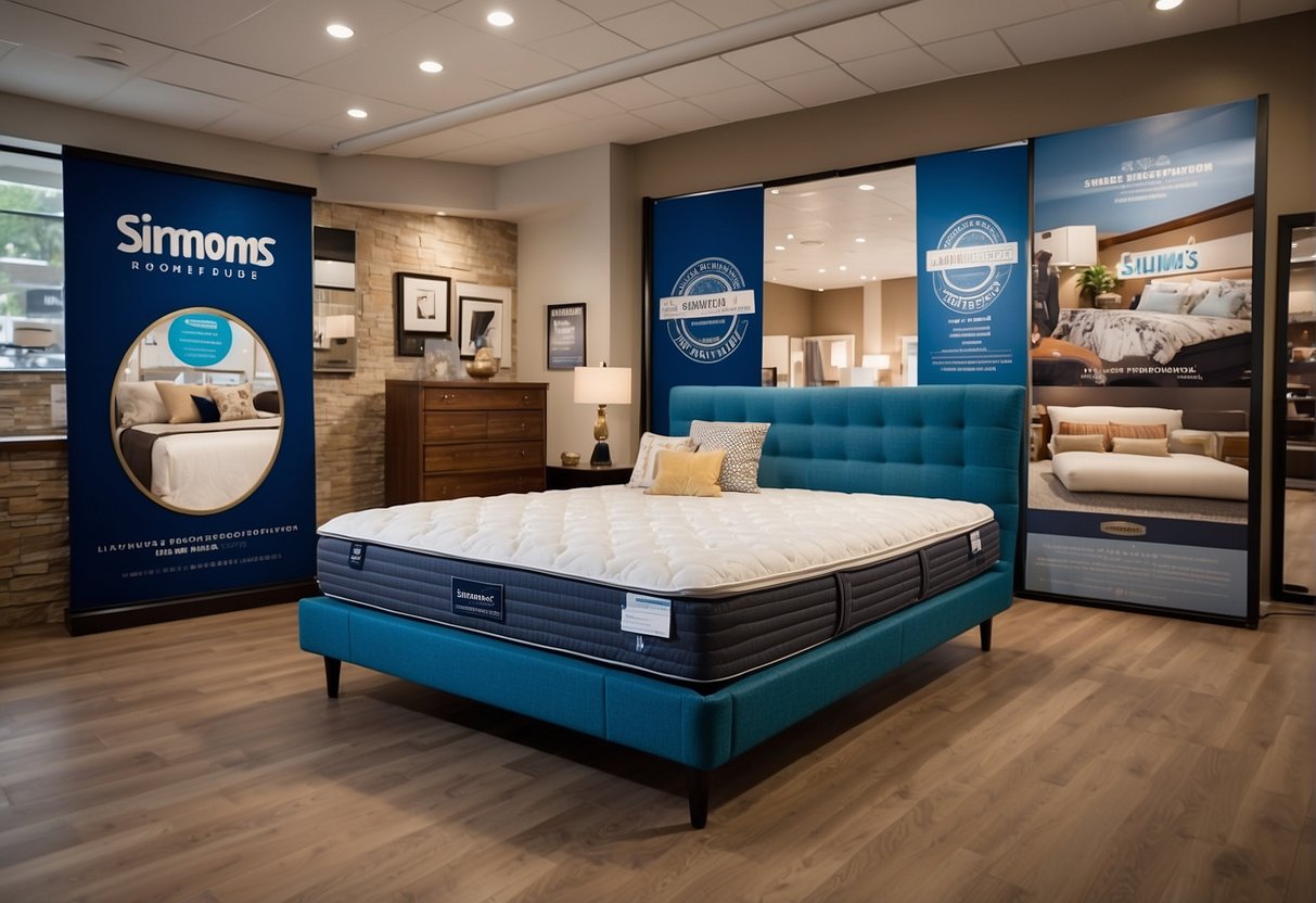 A luxurious Simmons mattress surrounded by promotional banners and signs in a bright and inviting showroom setting