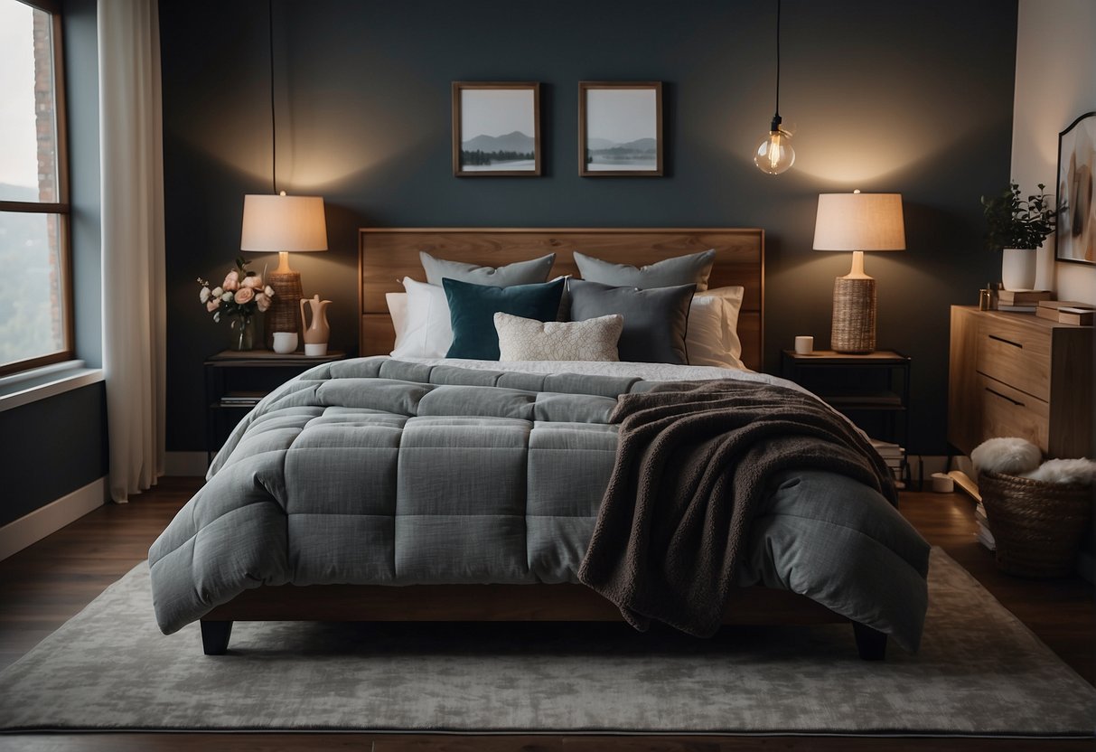A cozy bedroom with a Simmons mattress, dim lighting, and a peaceful atmosphere
