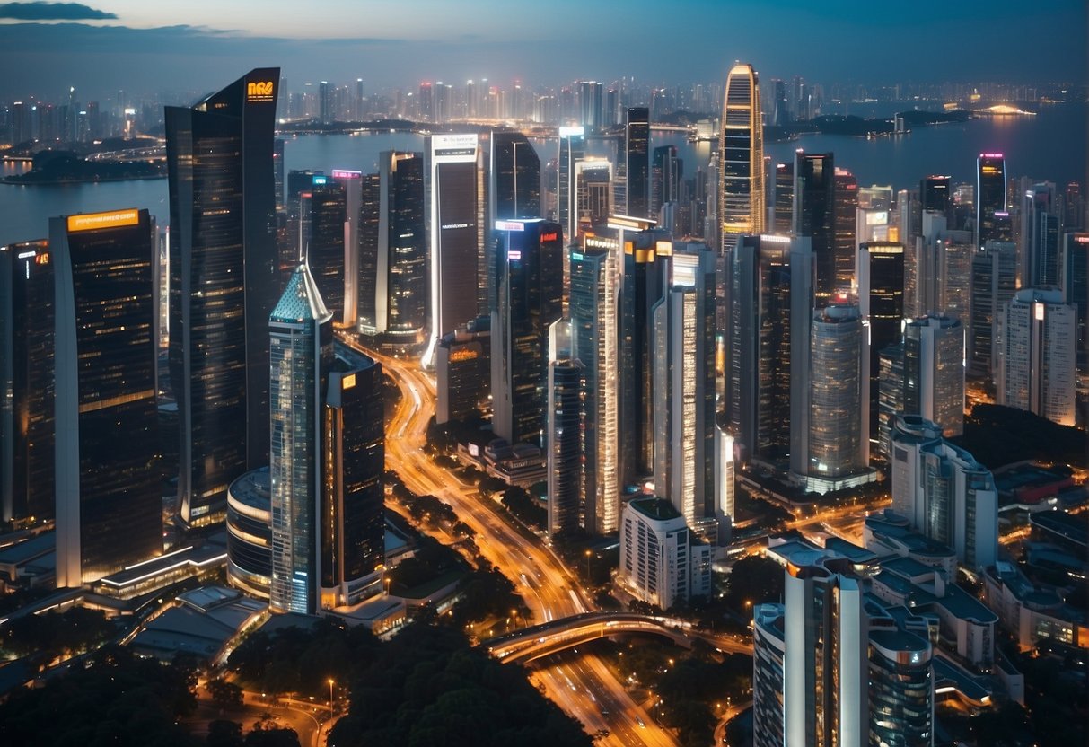 A bustling cityscape filled with towering buildings adorned with bright, eye-catching advertisements for Exclusive Promotions in 2024 Giant Promotions Singapore