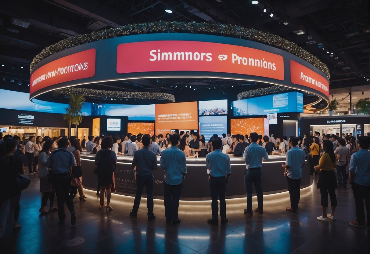 A crowded event space with a prominent "Simmons Promotions Singapore" banner, people engaging with staff at information booths, and a lively atmosphere