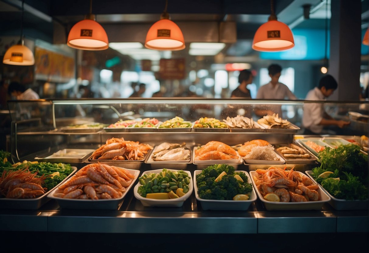 A bustling seafood restaurant in Singapore, with colorful promotional signs and a display of fresh catches. Customers approach the counter with questions