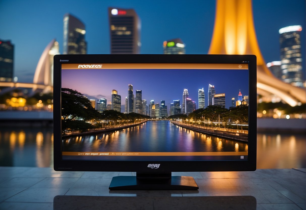 A computer monitor displaying Newegg promotions in a Singaporean setting, with iconic landmarks in the background