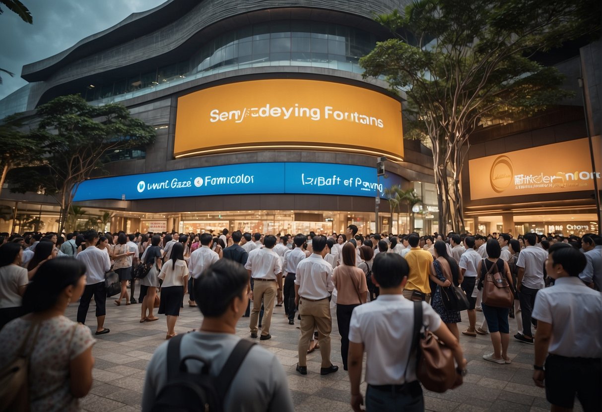 A crowd gathers around a towering display of "Rewarding Loyalty Programmes" in Singapore. Giant promotional signs and banners draw attention to the exciting offers