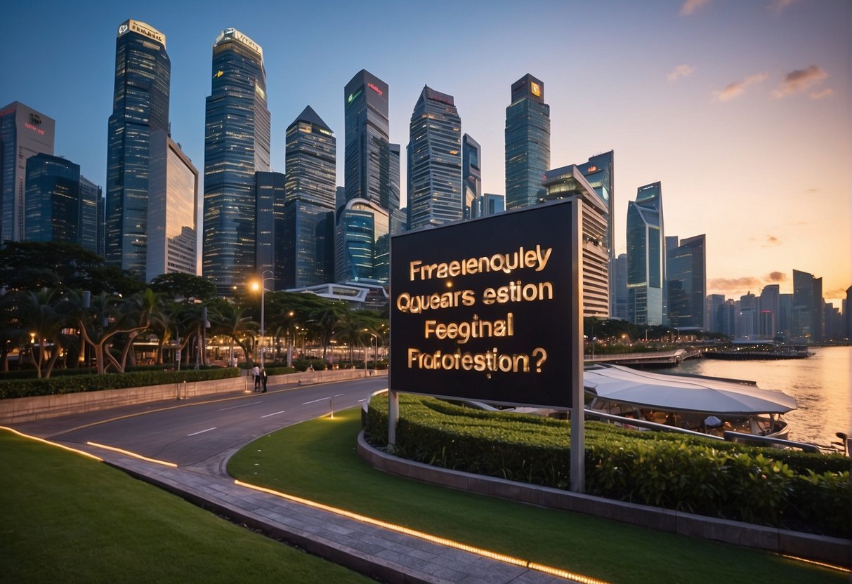 A large "Frequently Asked Questions" sign stands out against the bustling cityscape of Singapore, drawing attention to the giant promotions happening in the area