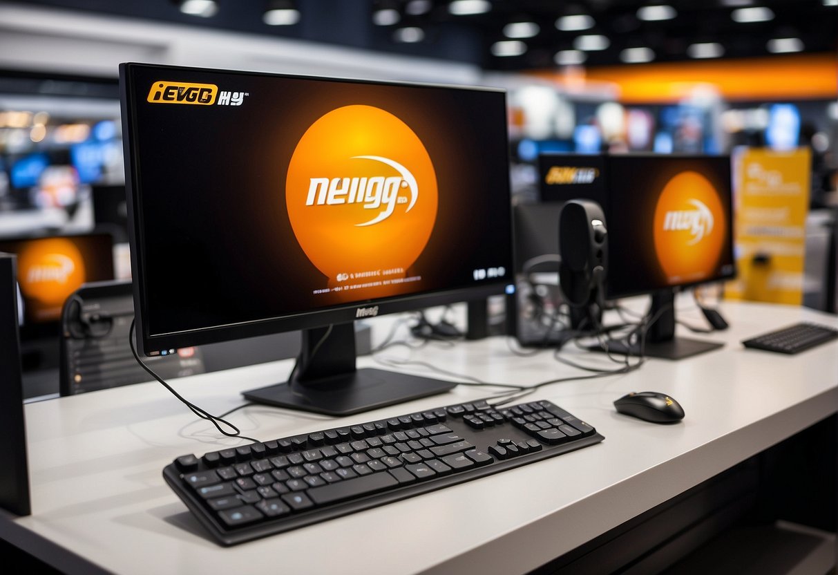 The Newegg promotions display various tech products with discounted prices and special offers. The logo and branding are prominently featured
