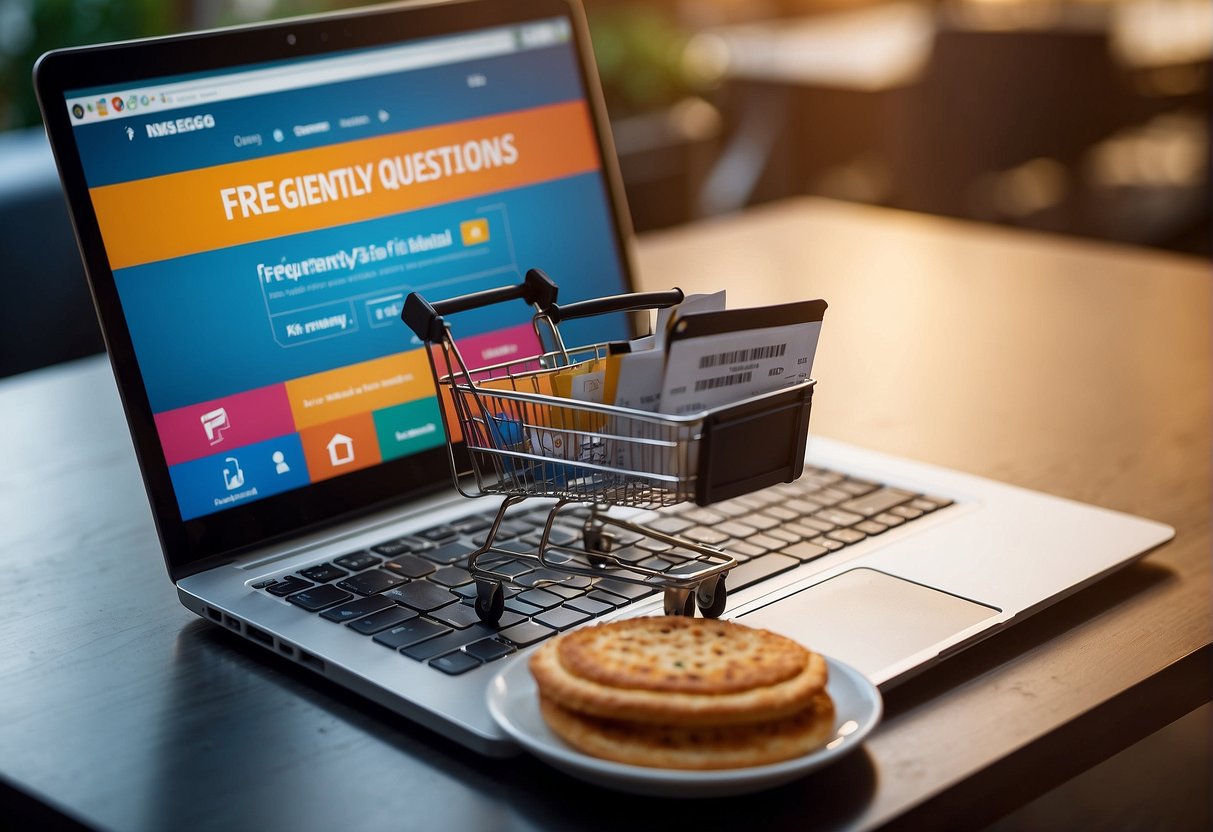 A colorful banner with "Frequently Asked Questions" and "Newegg Promotions Singapore" displayed prominently. A laptop and shopping cart symbol in the background