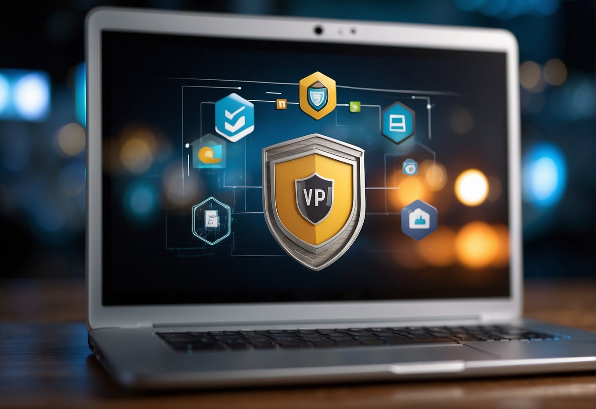 A laptop with a VPN logo displayed on the screen, surrounded by a secure lock symbol and a shield icon. Multiple tabs open to different VPN service providers' websites