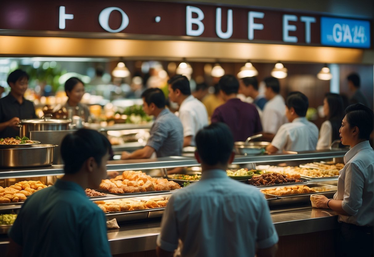 A crowded restaurant with various food stations, people serving themselves at the buffet, and a sign promoting "1 for 1" buffet deals in Singapore