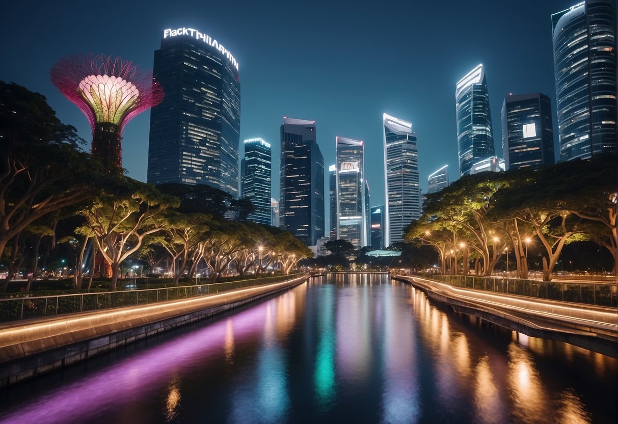 A vibrant cityscape of Singapore with iconic landmarks and bustling streets, featuring prominent Airphil promotions signage