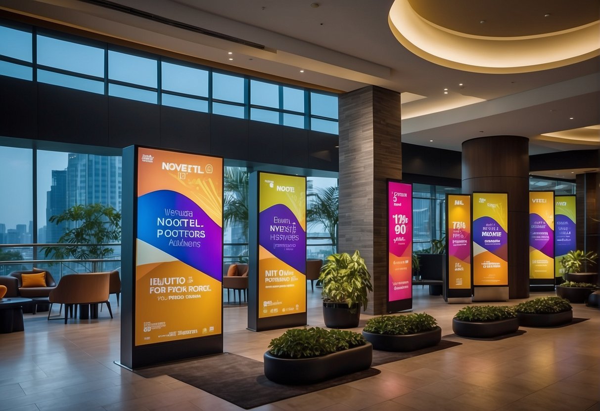 Colorful banners and signs display the latest promotions at Novotel Singapore, enticing guests with special offers and discounts