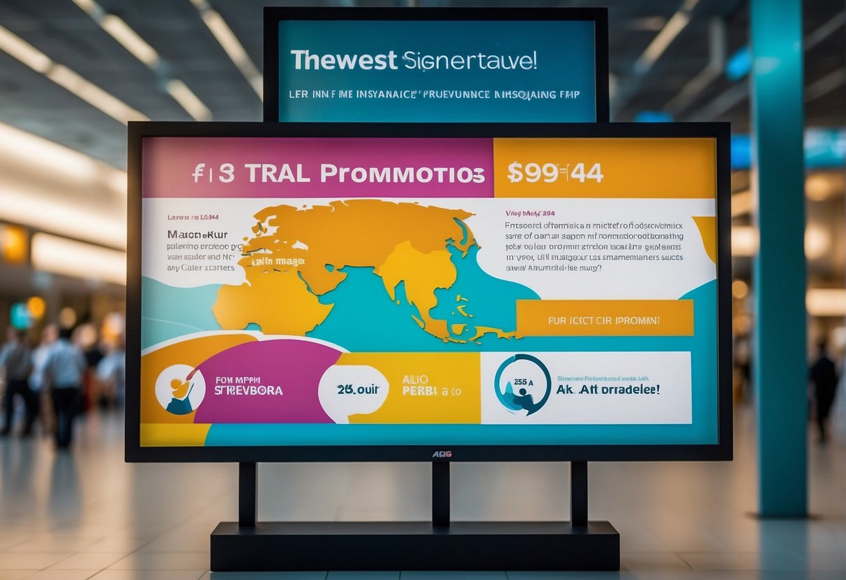 A colorful banner displaying "Latest Travel Insurance Promotions in 2024" by AIG in Singapore, with bold text and eye-catching graphics