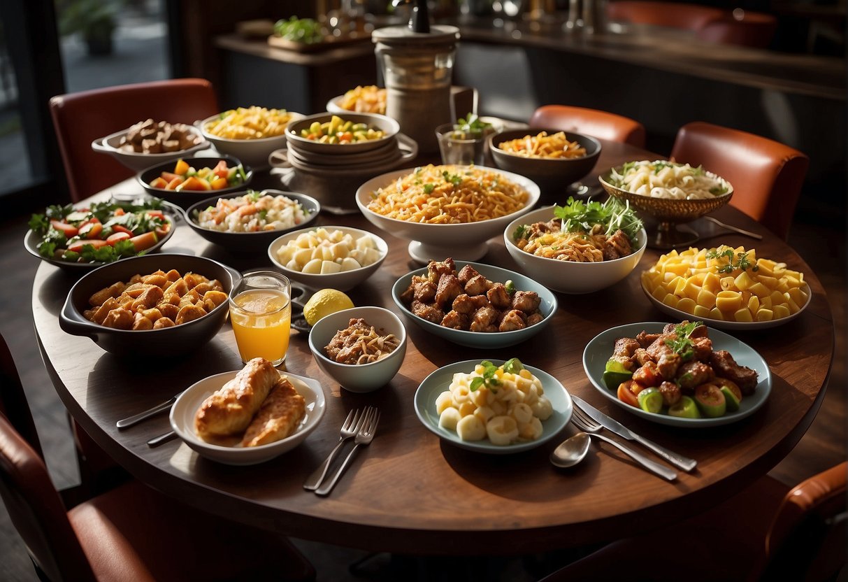 A table set with an array of delectable dishes and drinks, with a prominent "1 for 1 buffet" sign displayed. The atmosphere is inviting and lively, with customers enjoying the dining promotions