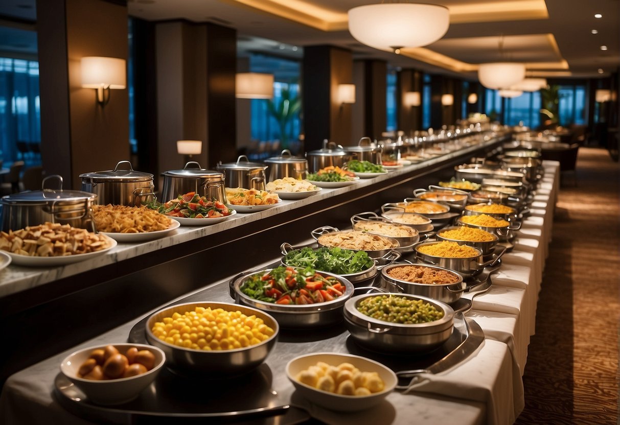 A luxurious hotel dining room filled with sumptuous buffet spreads, with prominent signage advertising the 1 for 1 buffet promotions in Singapore