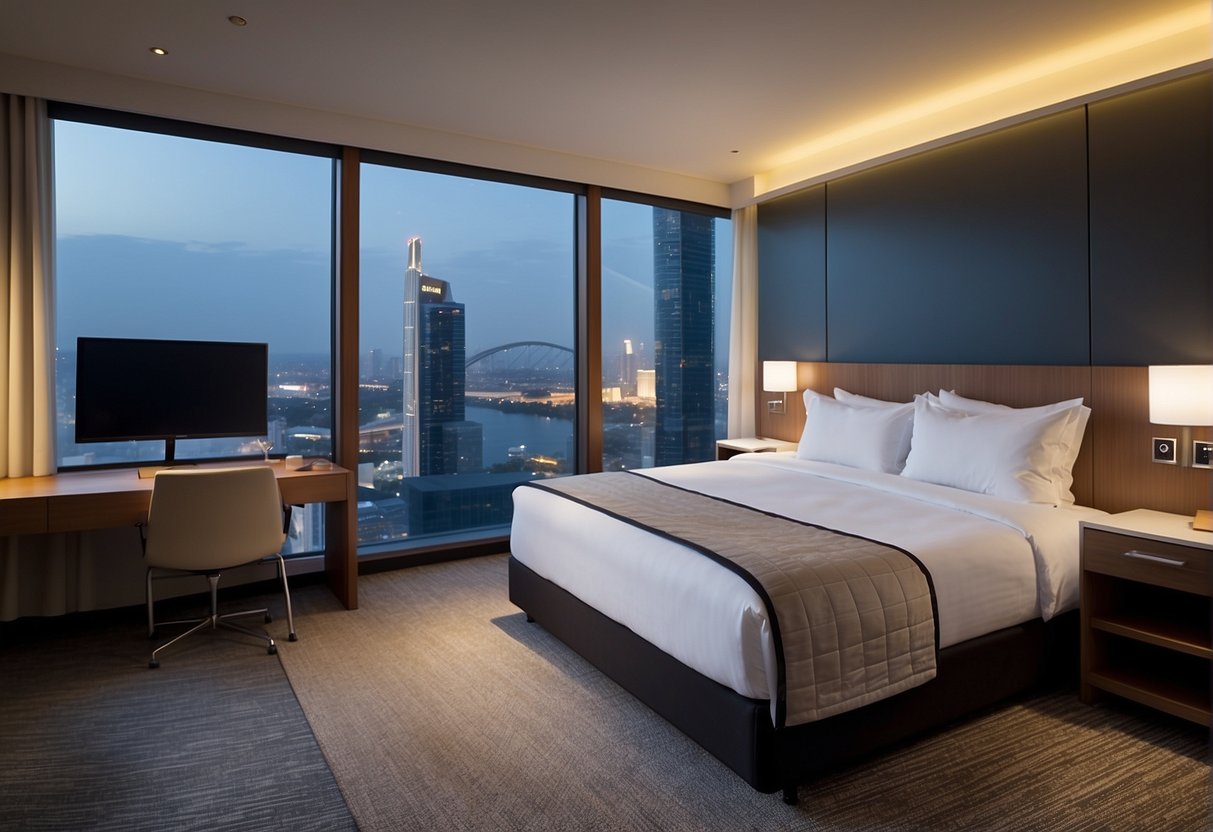 The Novotel hotel room features a plush bed, modern furnishings, a sleek bathroom, and a stunning city view from the window
