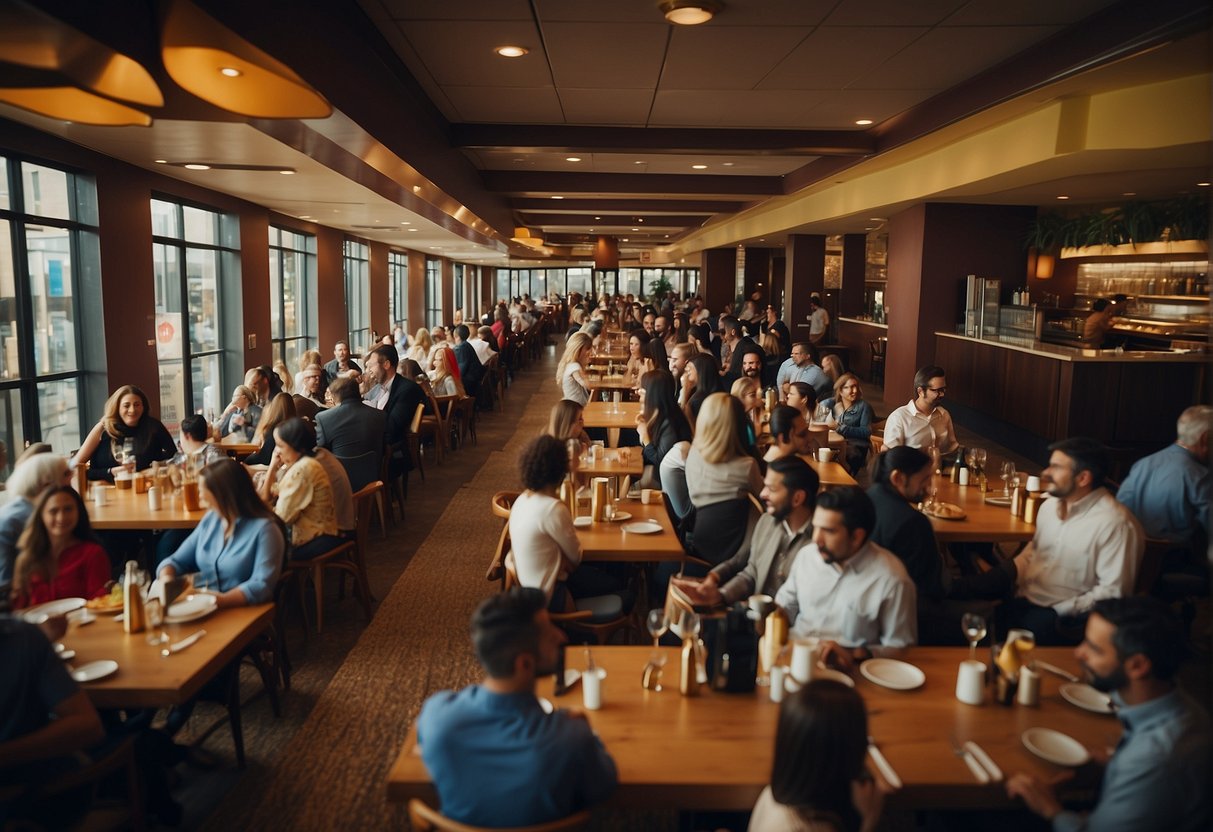 A crowded restaurant with tables set for a buffet, signage promoting 1 for 1 promotions, and a line of people waiting to be seated
