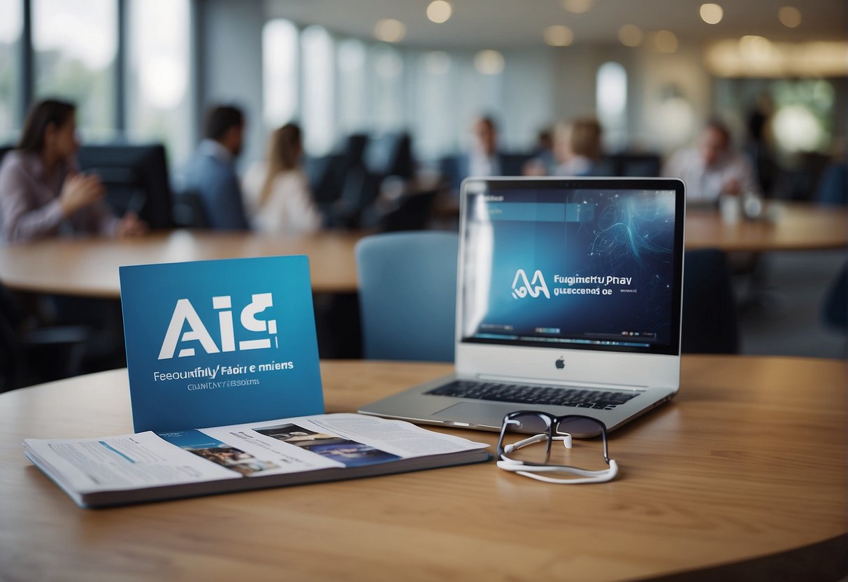 A table with promotional materials, a banner with "Frequently Asked Questions" and the AIG logo, and people engaging with staff