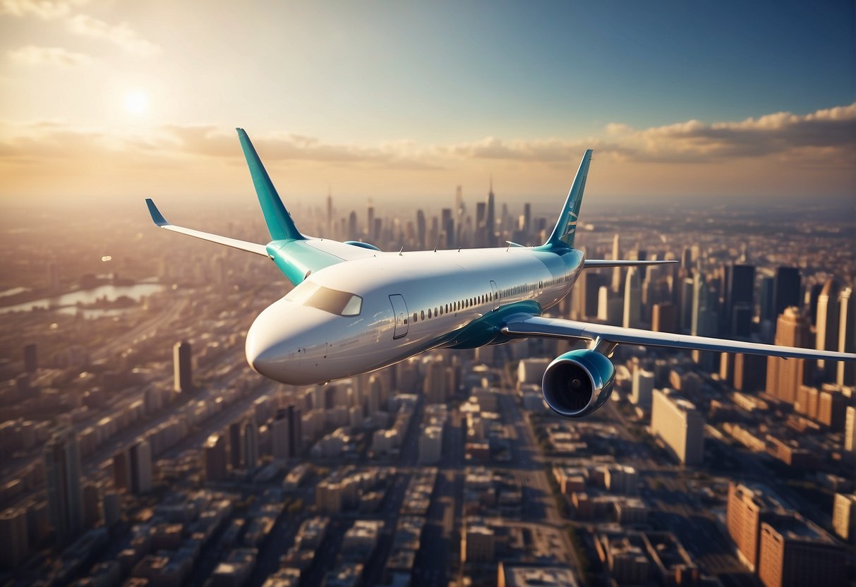 A vibrant airplane flying over a city skyline with a promotional banner for Travel and Airlines Deals in the foreground