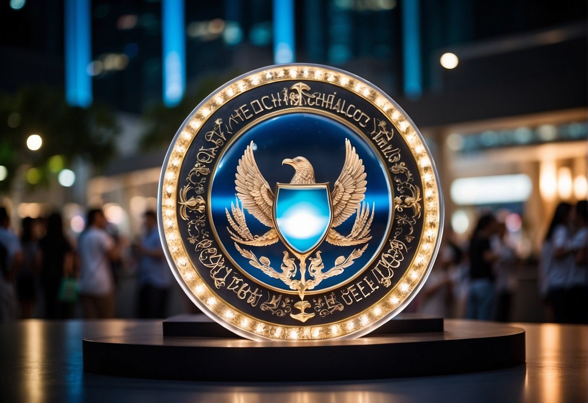 The Seal of Orichalcos shines in the center of a promotional event in Singapore. Bright lights and excited crowds surround the mystical artifact