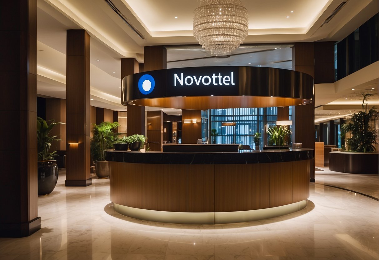 A bustling hotel lobby with a prominent "Frequently Asked Questions" sign and a display of Novotel promotions in Singapore
