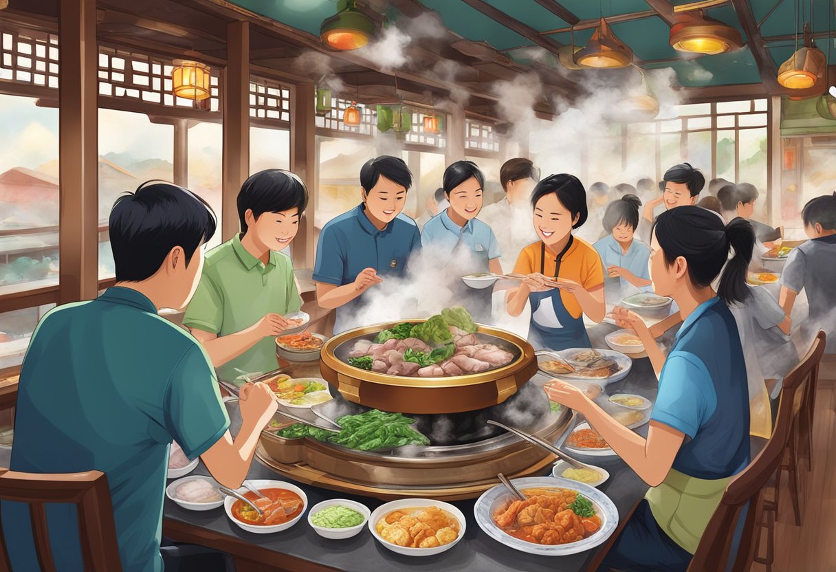 Customers eagerly explore the menu at Chang Long Fish Head Steamboat restaurant, with steam rising from bubbling pots and colorful ingredients on display