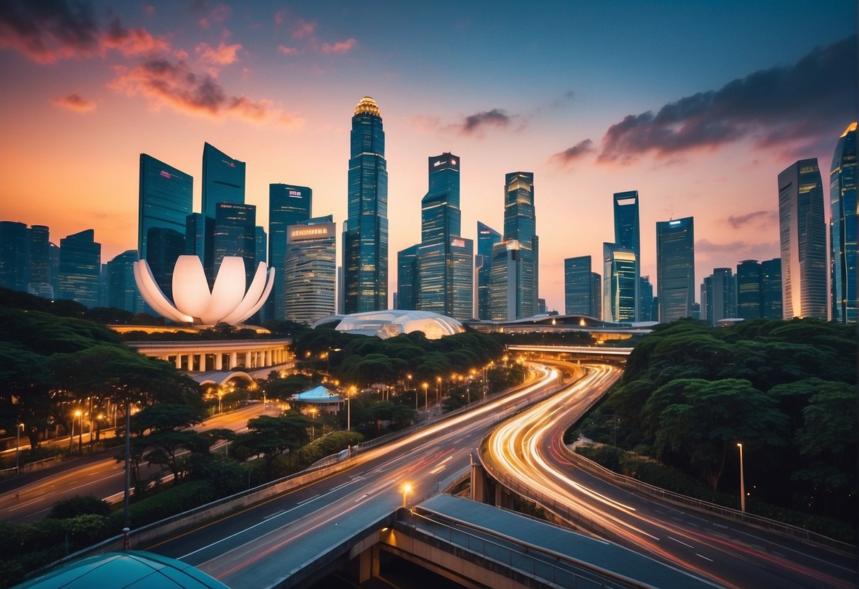 A vibrant cityscape with iconic landmarks of Singapore, featuring prominent Shell promotions and branding throughout the bustling streets