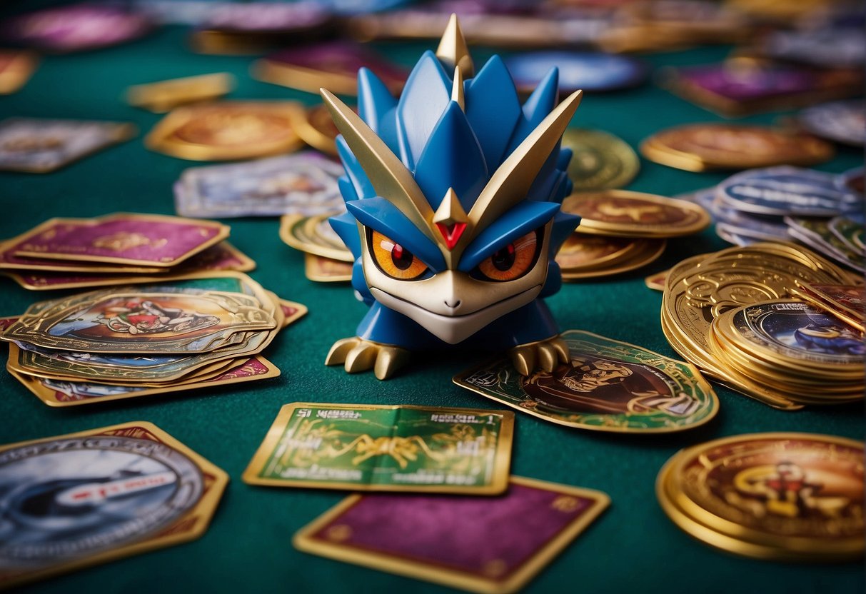 The scene features a promotional event for the Yu-Gi-Oh! TCG in Singapore, with a prominent display of the Seal of Orichalcos card and various promotional materials