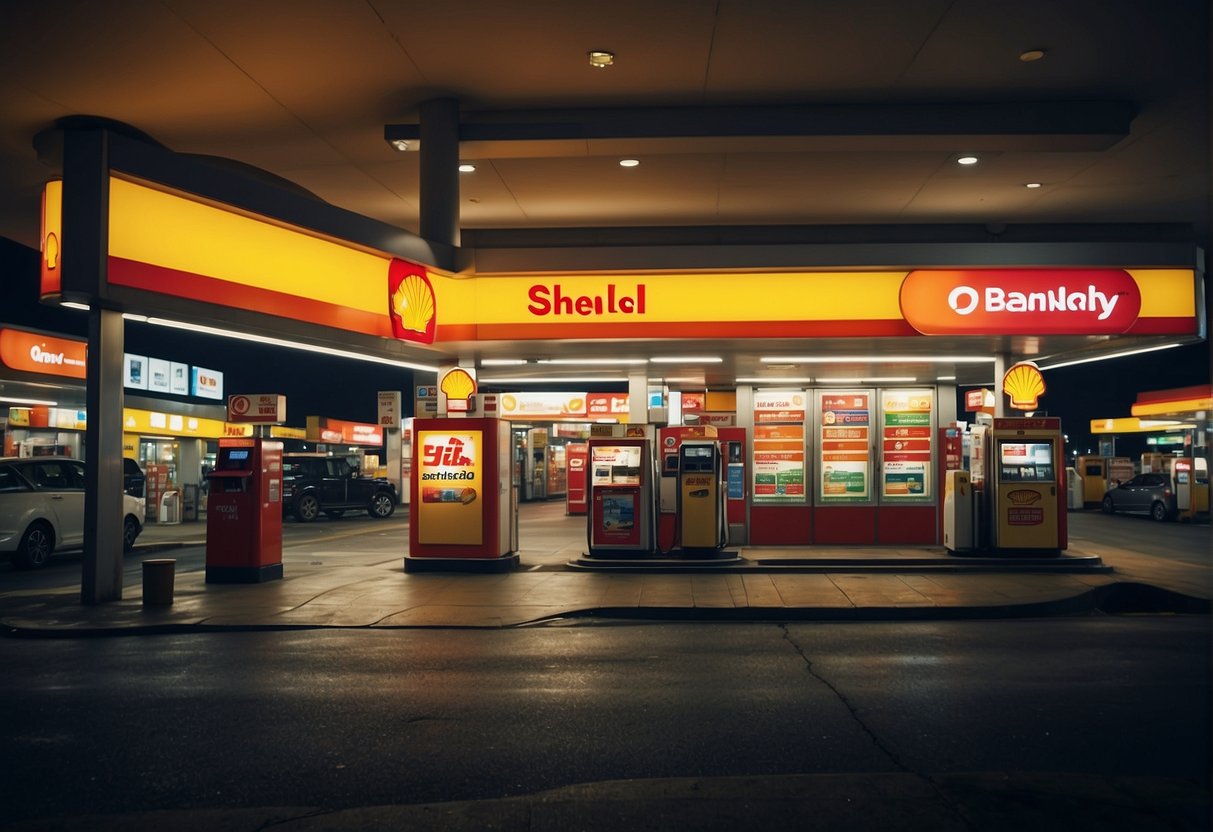 Brightly lit Shell station with colorful promotional banners, fuel pumps, and a busy convenience store