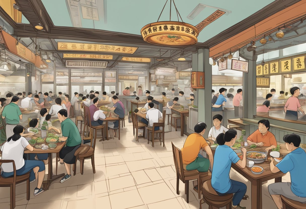 A bustling restaurant with steaming pots, tables filled with diners, and a prominent sign reading "Frequently Asked Questions chang long fish head steamboat."