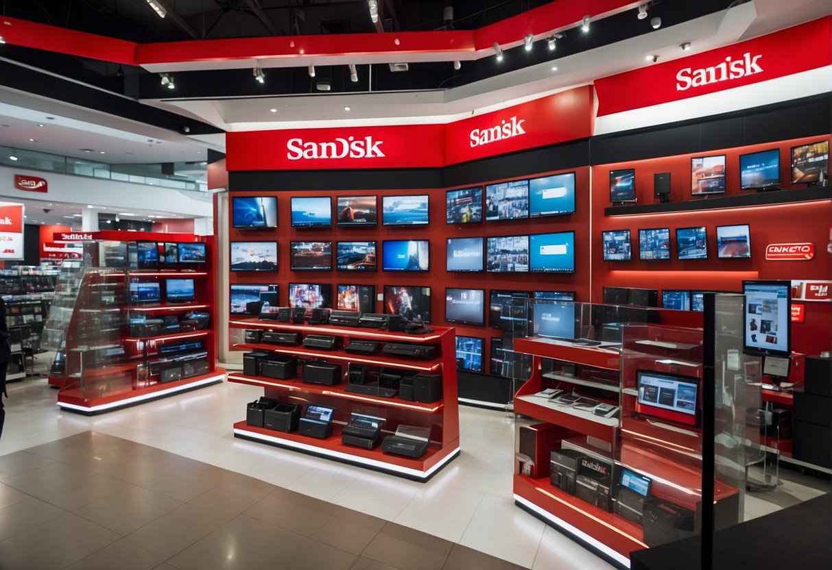 A display of the latest tech promotions, featuring Sandisk products, in a bustling Singapore store