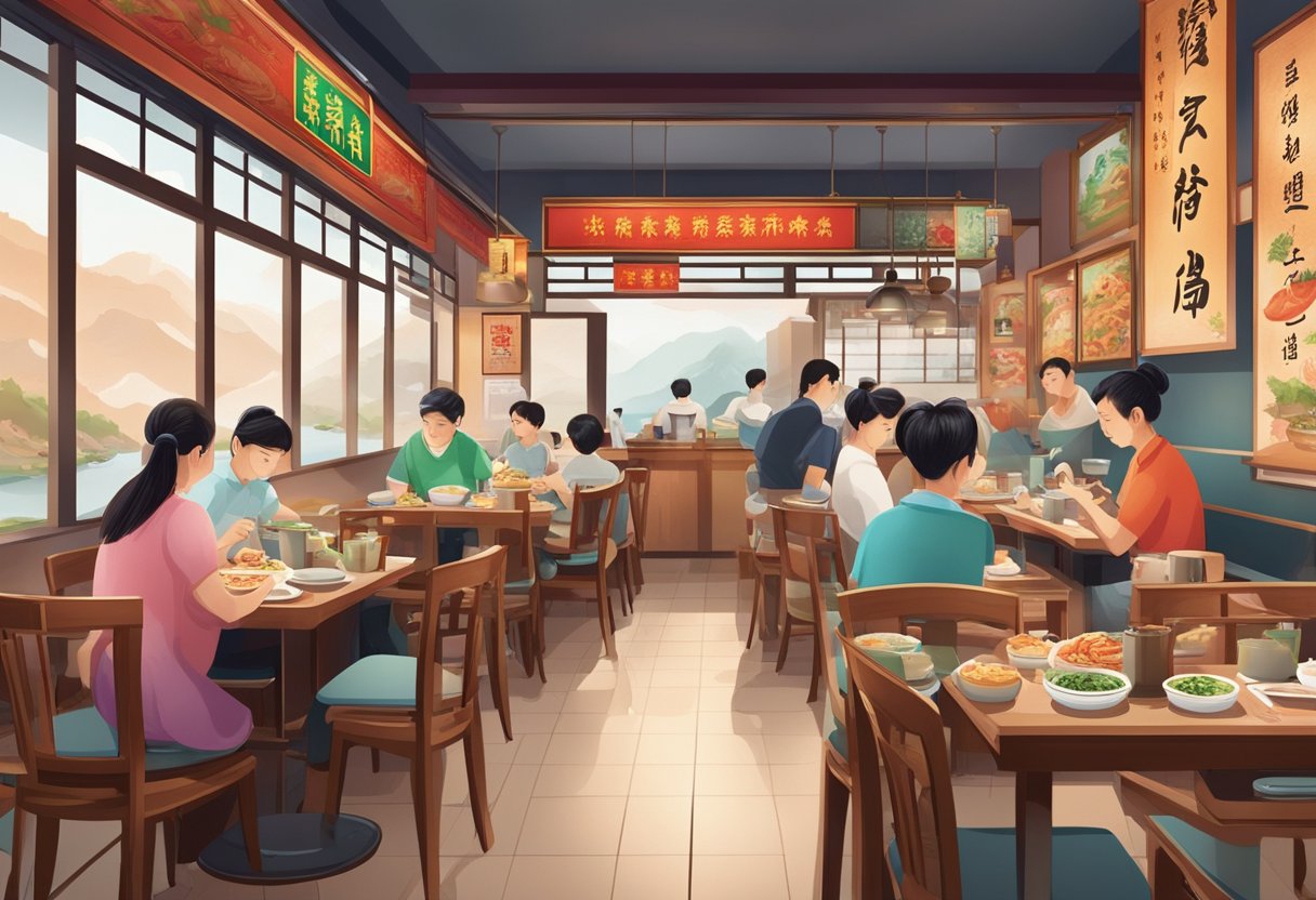 The bustling interior of Chaoyang Prawn Noodle Restaurant, with steaming bowls of noodles and vibrant decor, invites visitors to stop and indulge in a savory meal