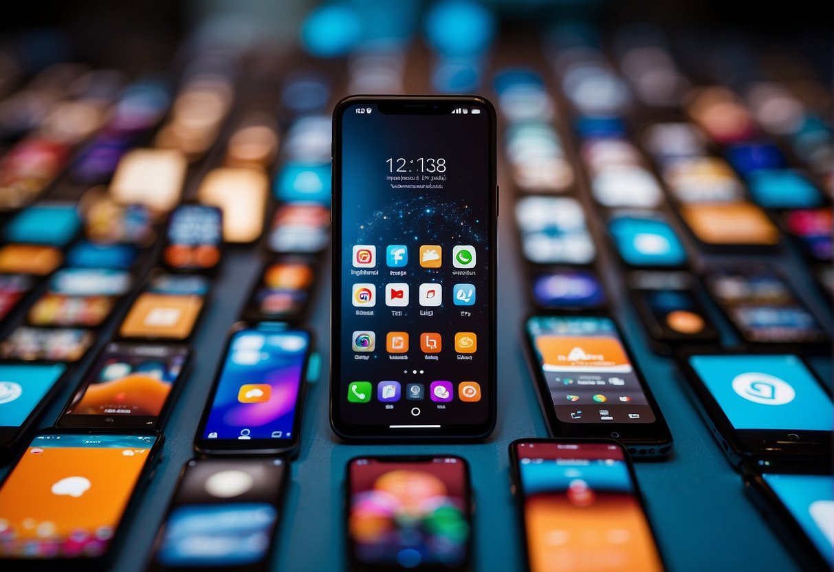 A smartphone with various app icons displayed on the screen, surrounded by promotional banners for SanDisk products in a vibrant Singapore setting