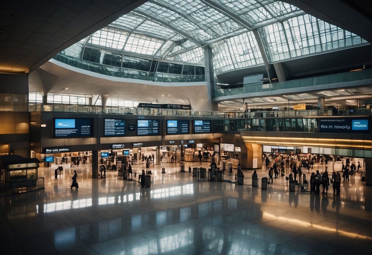 A bustling airport terminal with a prominent "Frequently Asked Questions" display next to AirPhil promotions for Singapore