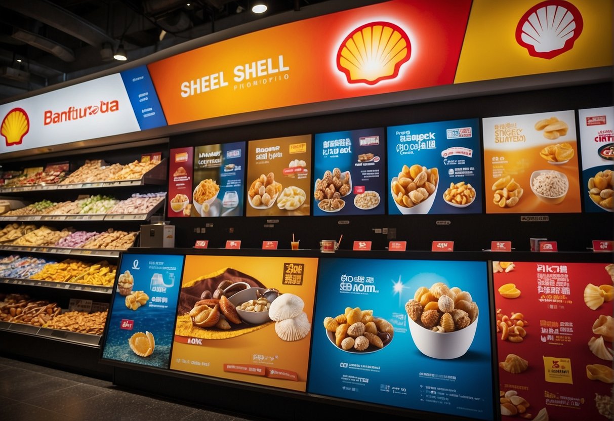 A colorful display of Shell promotions in Singapore, with logos and offers prominently featured