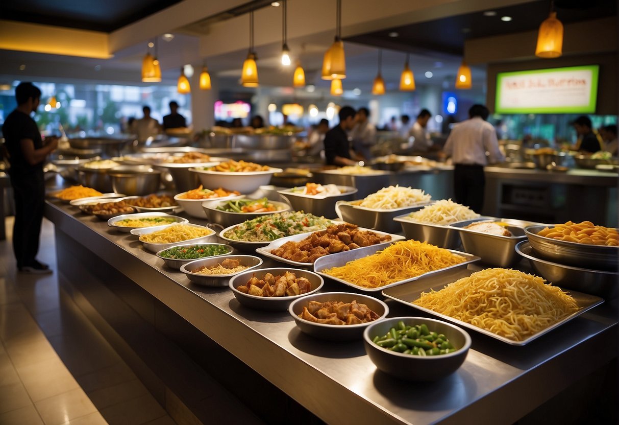 A bustling restaurant with a colorful spread of halal dishes, customers serving themselves at a buffet table, and a prominent sign advertising "1 for 1 halal buffet promotions Singapore."