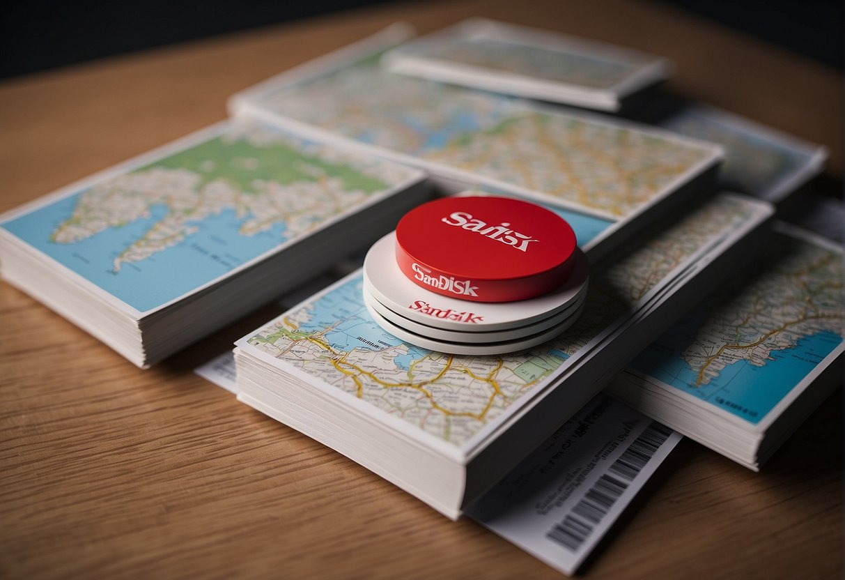 A stack of promotional materials with the Sandisk logo, surrounded by question marks and a map of Singapore