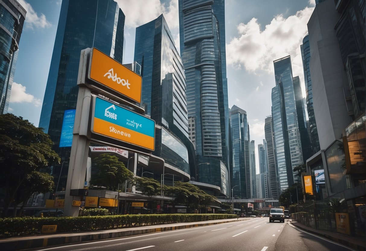 A bustling cityscape with modern skyscrapers and vibrant street signs, showcasing the dynamic energy of Abbott Promotions Singapore
