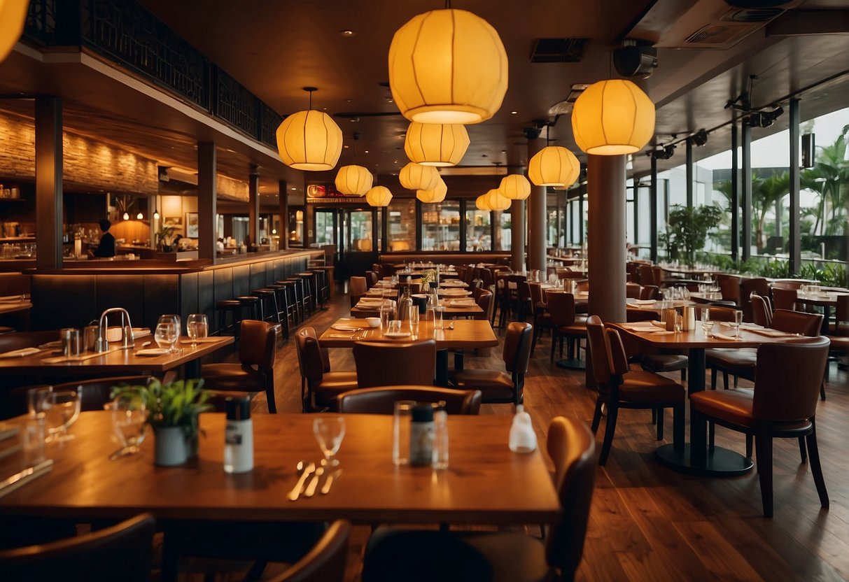 A crowded Outback Steakhouse in Singapore with colorful promotional banners and a bustling atmosphere. Tables are filled with happy diners enjoying their meals