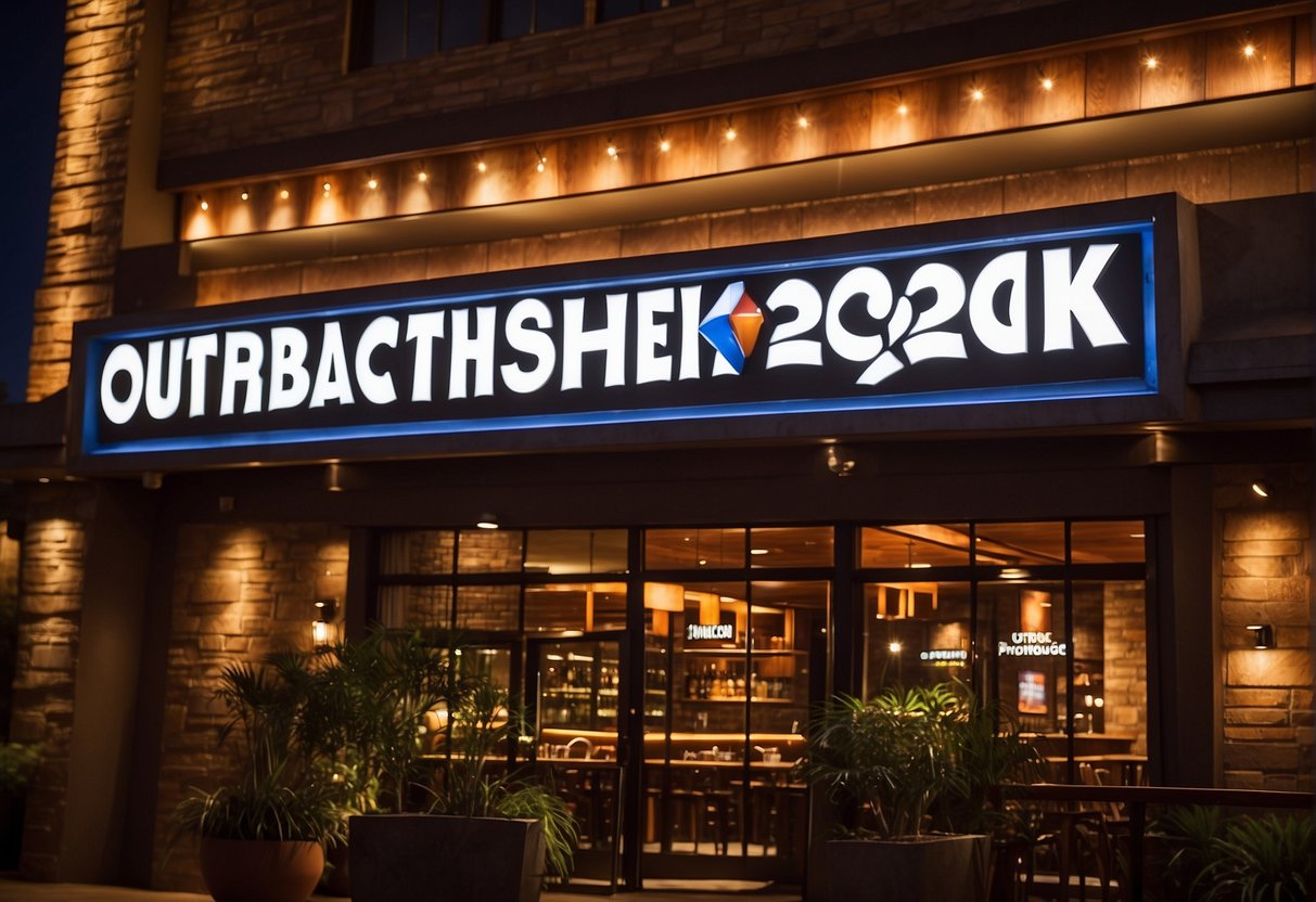 The Outback Steakhouse logo prominently displayed with 2024 promotions signage, surrounded by a vibrant and inviting atmosphere